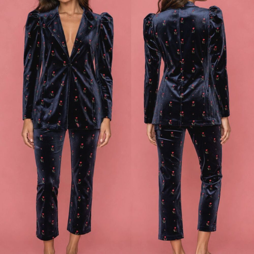 Navy Blue Velvet Floral Matching Suit Size XS